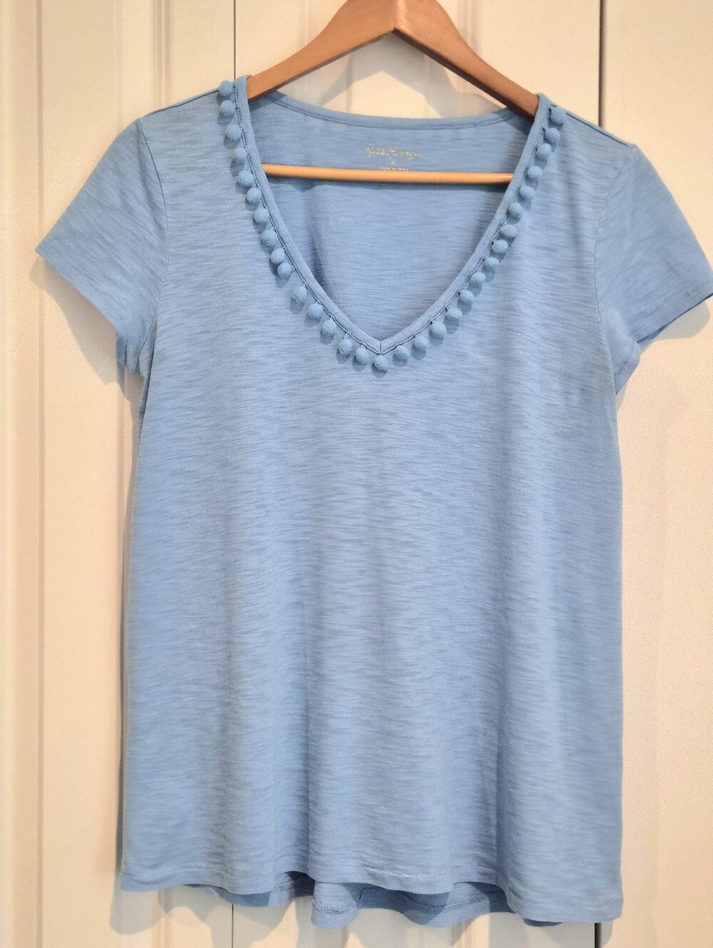 Lilly Pulitzer Etta Pom-Pom V-Neck Top –Zanzibar Blue Small